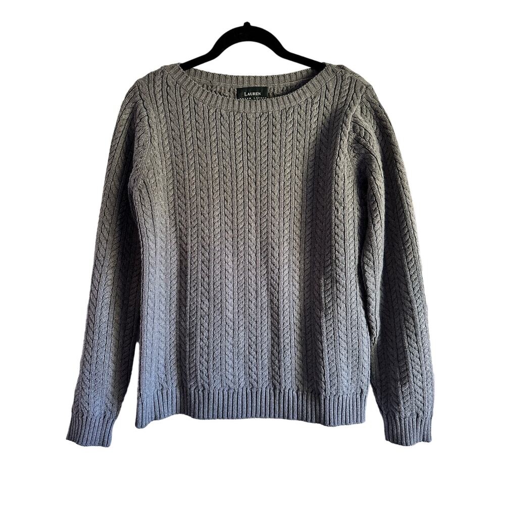 Lauren Ralph Lauren Cotton Cabled Boatneck Sweater Charcoal Grey Size Medium